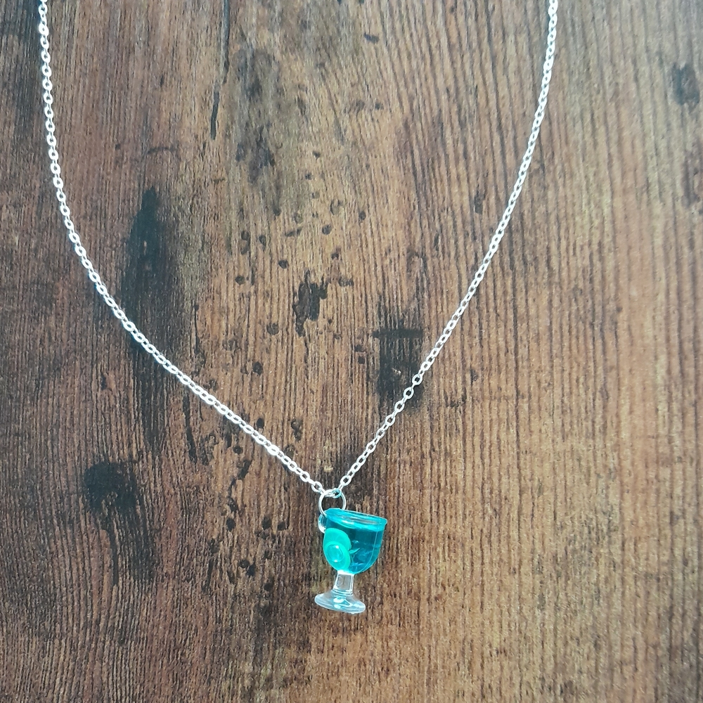 Silver Necklace with Blue Cocktail Glass Charm